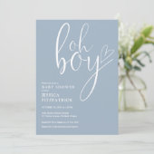 Invitation Oh Boy Script Heart Dusty Blue Garçon Baby Shower (Debout devant)