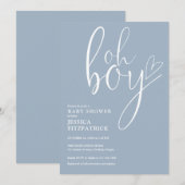 Invitation Oh Boy Script Heart Dusty Blue Garçon Baby Shower (Devant / Derrière)
