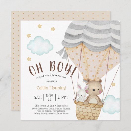 Invitation Oh Boy Teddy Bear Baby shower boisé (Devant / Derrière)