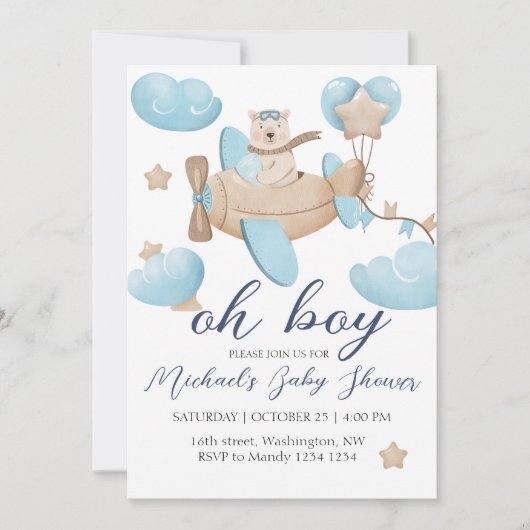 Invitation Oh Boy Teddy Bear Baby shower d'avion (Devant)