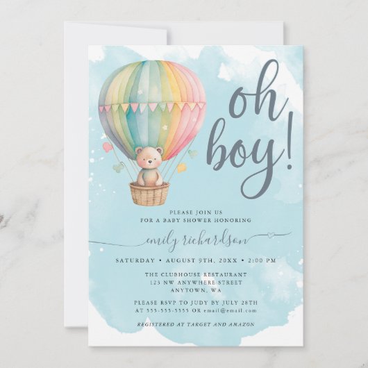 Invitation Oh Boy Teddy Bear Blue Hot Air Baby shower (Devant)
