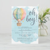 Invitation Oh Boy Teddy Bear Blue Hot Air Baby shower (Debout devant)