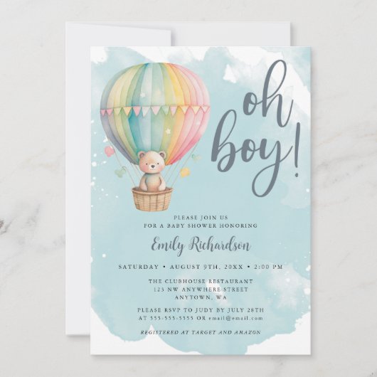 Invitation Oh Boy Teddy Bear Blue Hot Air Baby shower (Devant)
