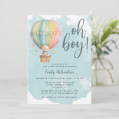 Invitation Oh Boy Teddy Bear Blue Hot Air Baby shower (Debout devant)