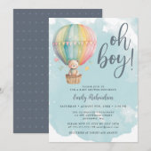 Invitation Oh Boy Teddy Bear Blue Hot Air Baby shower (Devant / Derrière)