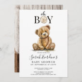 Invitation Oh Boy Teddy Bear Watercolor Baby shower (Devant / Derrière)