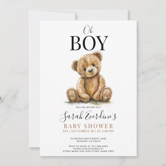 Invitation Oh Boy Teddy Bear Watercolor Baby shower (Devant)