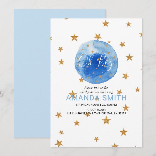 Invitation Oh Boy Watercolor Bloom et Yellow Stars (Devant / Derrière)