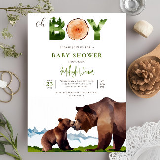 Invitation Oh Boy Watercolor Bois Bois Bear Forest Baby showe