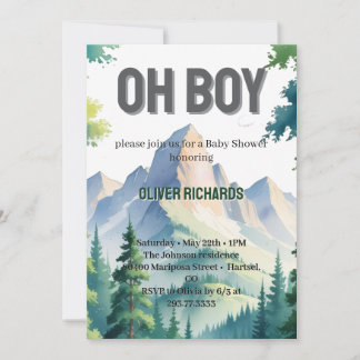 Invitation Oh Boy Watercolor Woodland Mountain Baby Shower 