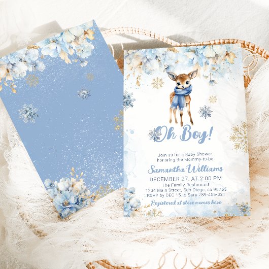 Invitation Oh Boy Winter Blue Floral & Deer Baby shower