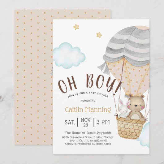 Invitation Oh Boy Woodland Teddy Bear Baby shower (Devant / Derrière)