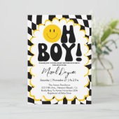 Invitation Oh Boy! Yellow Checkered Happy Face Baby Shower (Debout devant)