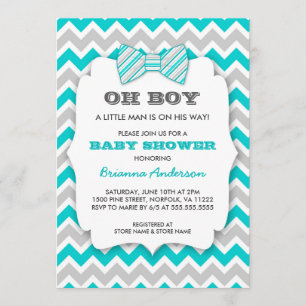 Invitation OH BOYER baby shower Bowtie / chevron gris turquoi