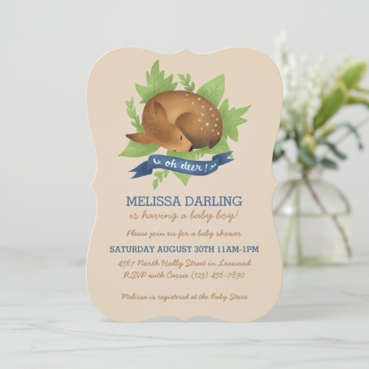 Invitation "Oh cerf !" Baby shower garçon à thème en bois mig (Debout devant)