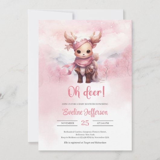 Invitation Oh cerf chevreuil rose hiver en forêt enneigée (Devant)