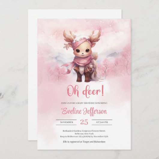 Invitation Oh cerf chevreuil rose hiver en forêt enneigée (Devant / Derrière)