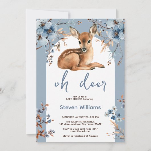 Invitation Oh cerf mignon forêt fleurons rustiques baby showe (Devant)