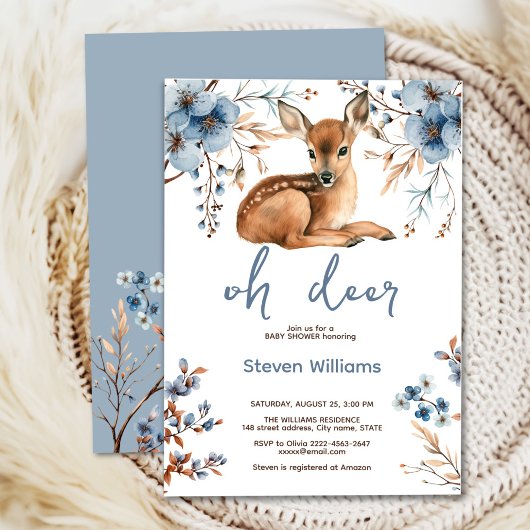 Invitation Oh cerf mignon forêt fleurons rustiques baby showe
