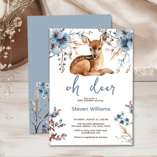 Invitation Oh cerf mignon forêt fleurons rustiques baby showe