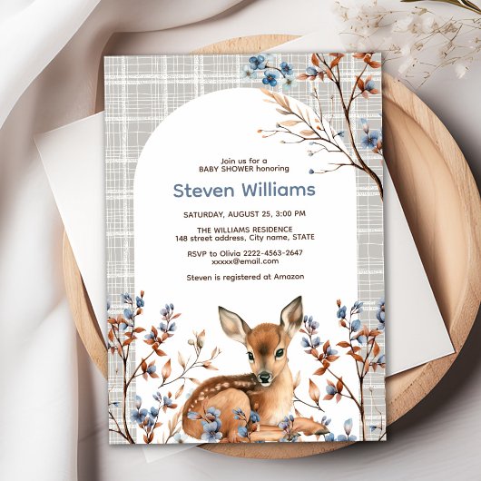 Invitation Oh cerf mignon forêt fleurons rustiques baby showe