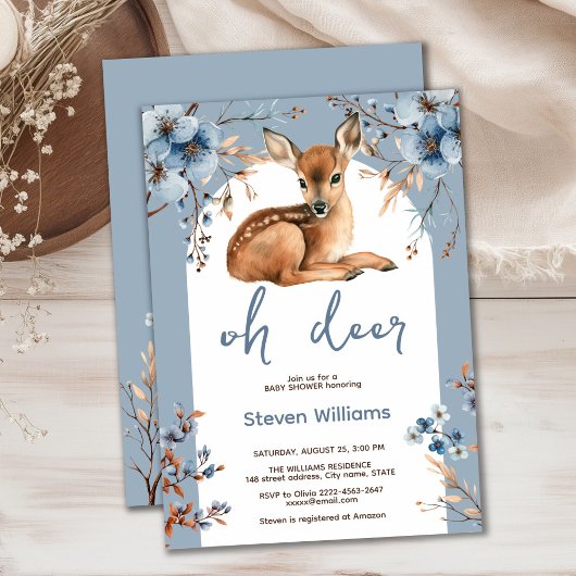 Invitation Oh cerf mignon forêt fleurons rustiques baby showe