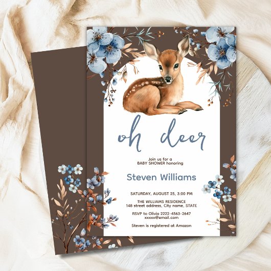 Invitation Oh cerf mignon forêt fleurons rustiques baby showe