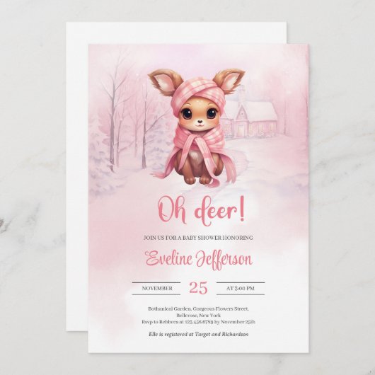 Invitation Oh cerf mignon petit cerf rose en forêt hivernale (Devant / Derrière)
