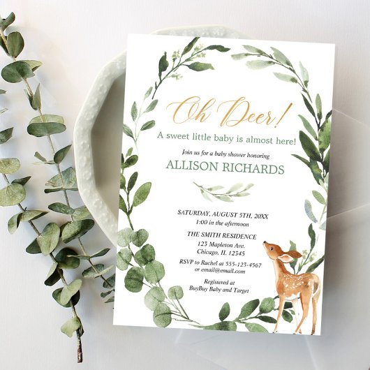 Invitation Oh cerf neutre baby shower or vert neutre genre