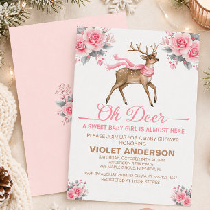Invitation Oh Cerf Rose Floral Fille Baby Shower