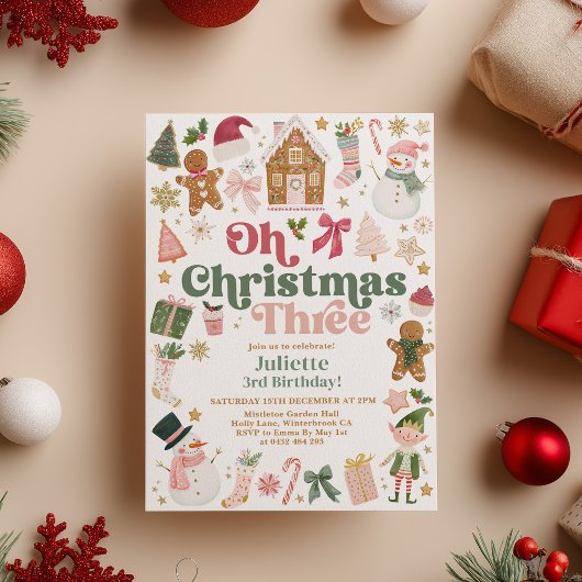 Invitation Oh Christmas Three 3rd Birthday Xmas theme Festive