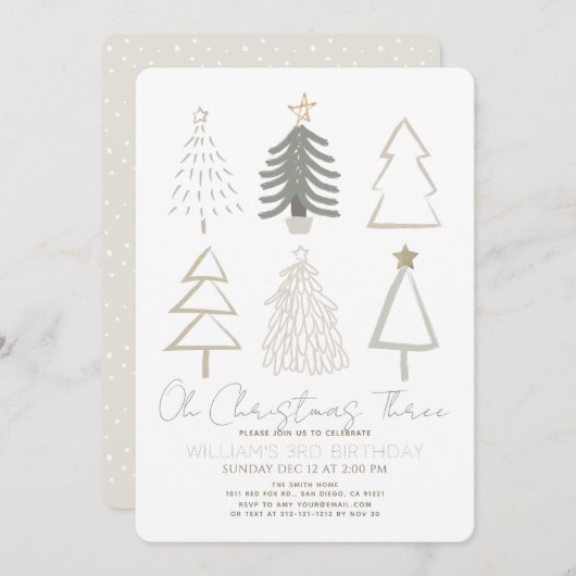 Invitation Oh Christmas Three Boho Green Trees 3rd Birthday (Devant / Derrière)