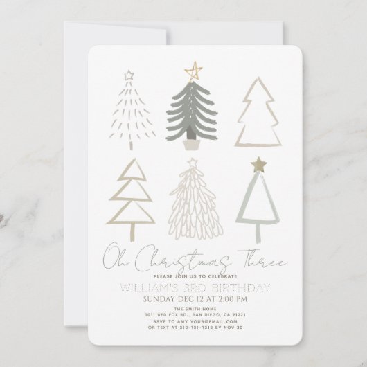 Invitation Oh Christmas Three Boho Green Trees 3rd Birthday (Devant)