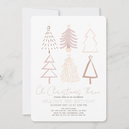 Invitation Oh Christmas Three Boho Pink Trees 3rd Birthday (Devant)
