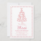 Invitation Oh Christmas Three Pink Bow Tree 3rd Birthday (Devant)