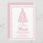 Invitation Oh Christmas Three Pink Bow Tree 3rd Birthday (Devant / Derrière)