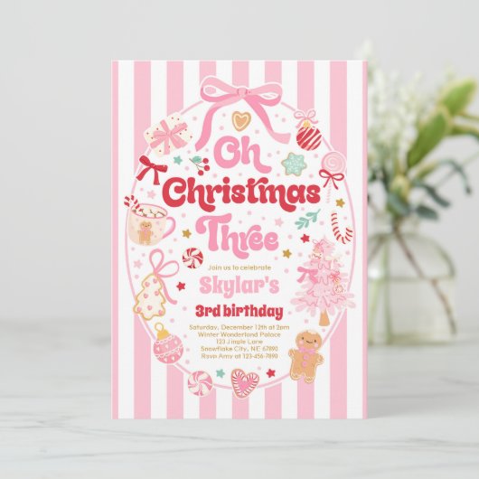 Invitation Oh Christmas Tree Coquette Bow 3rd Birthday (Debout devant)