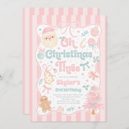 Invitation Oh Christmas Tree Coquette Bow 3rd Birthday (Devant / Derrière)