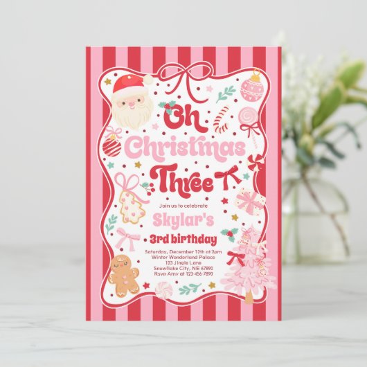 Invitation Oh Christmas Tree Coquette Bow 3rd Birthday (Debout devant)