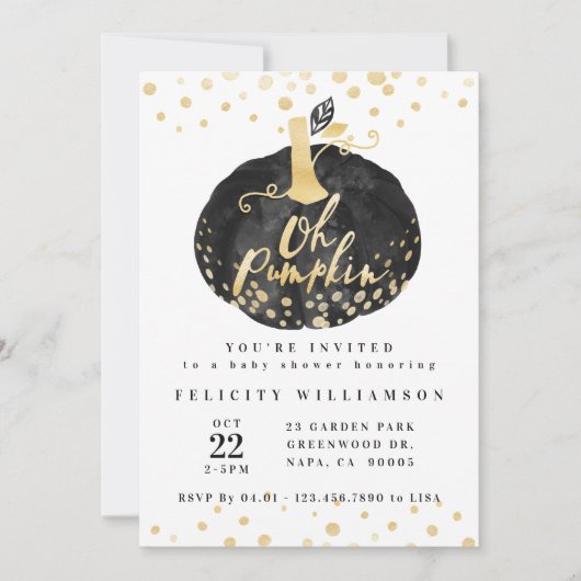 Invitation Oh Citrouille | Baby shower Citrouille noir et or  (Devant)