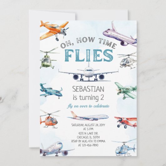 Invitation Oh Comme le Temps Passe Avion Anniversaire (Devant)