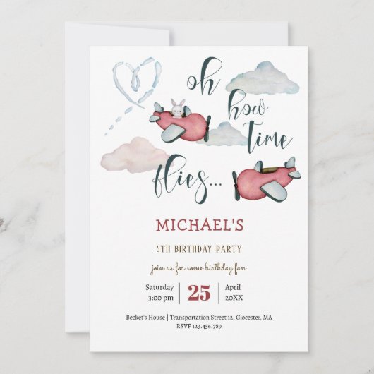Invitation Oh comment le temps vole rétro avion garçon annive (Devant)