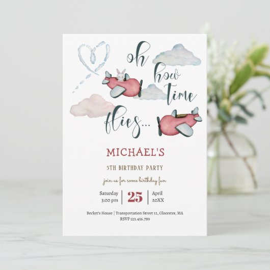 Invitation Oh comment le temps vole rétro avion garçon annive (Debout devant)