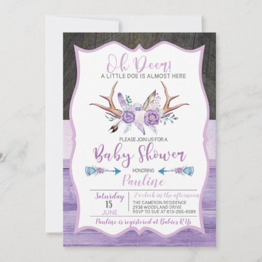 Invitation Oh Deer a little Doe presque ici Baby shower (Devant)