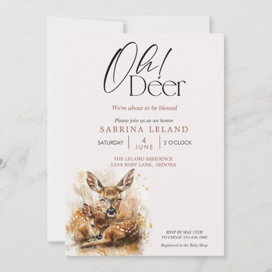 Invitation Oh Deer ! Aquarelle Fawn et Doe Baby shower (Devant)
