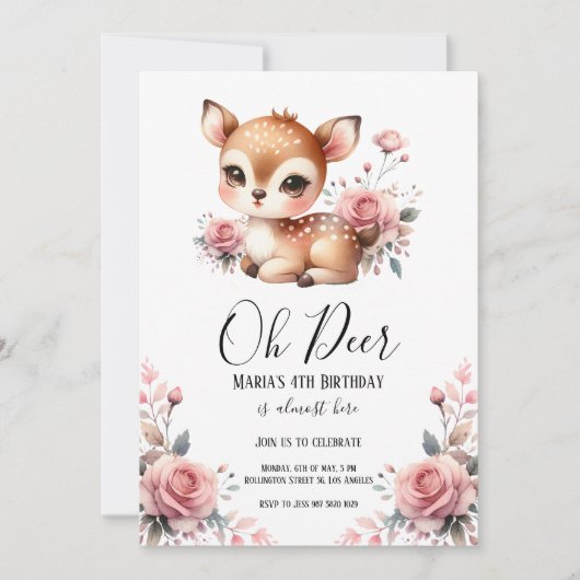 Invitation Oh Deer Aquarelle Roses rose pâle Fête d'anniversa (Devant)