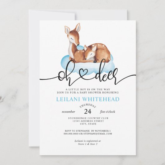 Invitation Oh Deer Baby shower Aquarelle Bleu Cloud (Devant)