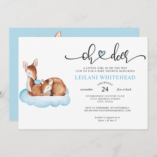Invitation Oh Deer Baby shower Aquarelle Bleu Cloud (Devant / Derrière)