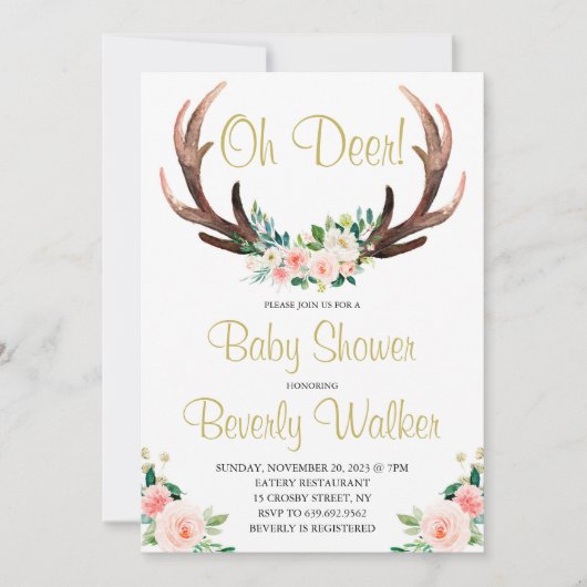 Invitation Oh Deer Baby shower Aquarelle Botanique Floral (Devant)