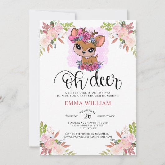 Invitation Oh Deer Baby shower Aquarelle Botanique Floral (Devant)